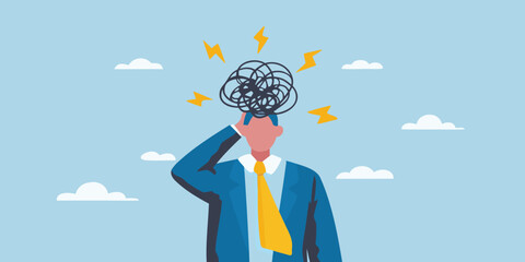 Stressed businessman with tangled thoughts and lightning bolts illustration