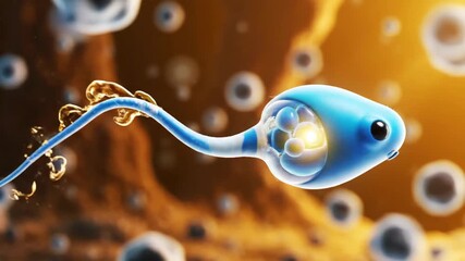 Animated blue sperm cell with glowing internal energy structures, illustrating cellular power and motility in a warm environment.