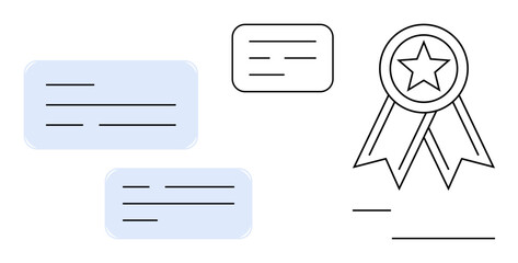 Achievement, communication, professional recognition, documentation, certification, awards. A star ribbon beside text boxes. Achievement and professional recognition concept