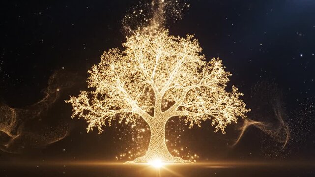 golden tree silhouette made of luminous particles standing in a black navy abstract night scene