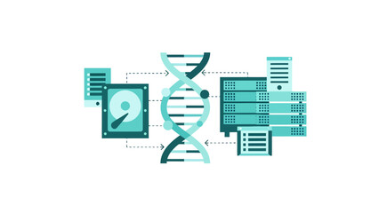 Modern DNA sequencing with hard drives and servers connecting data, genomics research and development, healthcare innovation and technology solutions