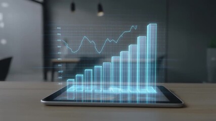 A tablet on a wooden table in a modern office setting, holographic bar charts and analytics - Powered by Adobe