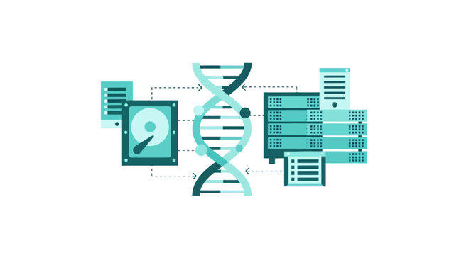 Modern DNA sequencing with hard drives and servers connecting data, genomics research and development, healthcare innovation and technology solutions
