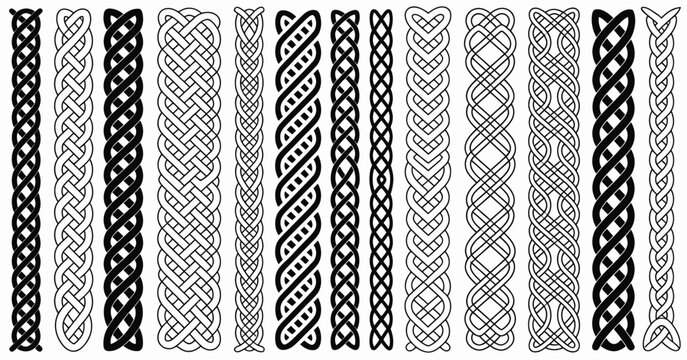 Celtic braids patterns, featuring braided irish seamless borders and knotted ornaments, woven decorative elements,