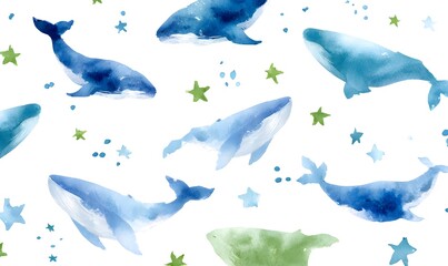 Obraz premium a seamless pattern with watercolor blue whales, their colors creating a stunning contrast on a white background