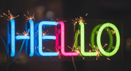 Neon sign 'hello' with sparkling lights and vibrant colors