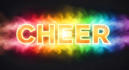 Obraz premium Cheer text with vibrant rainbow smoke explosion and bright light effect