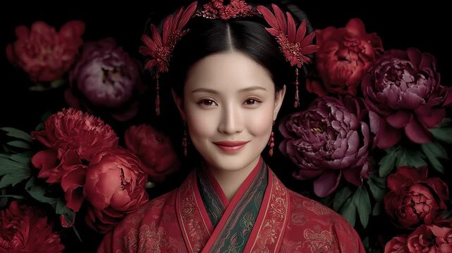 Tang Dynasty Beauty Smiling Among Peonies