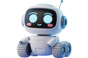 Friendly little white robot character with glowing face and wheels isolated on transparent background