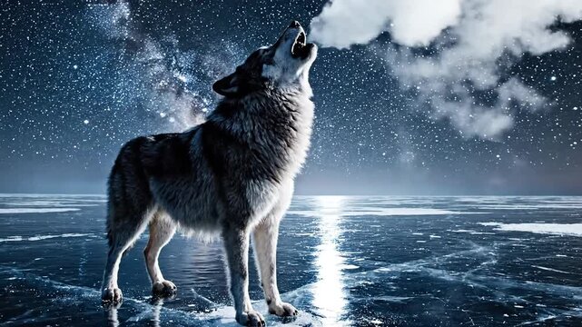 Majestic Wolf Walking on Frozen Ice Under a Breathtaking Starry Night Sky and Milky Way