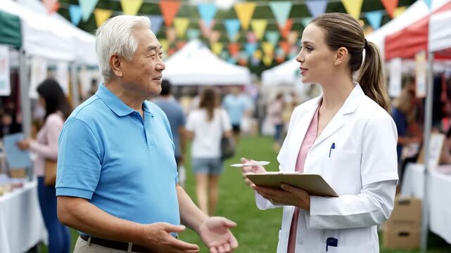 Elderly Asian man talks with a young woman doctor outdoor with clipboard at fair. Healthcare concept.