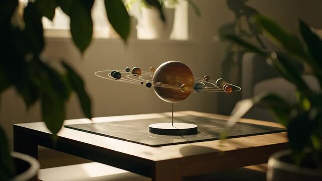 Solar system model with planets on table indoors, science and astronomy concept.