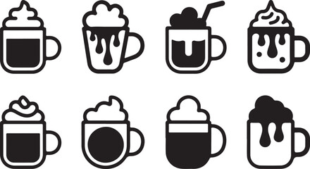Hot chocolate simple vector icon set. christmas silhouette icons on black color and white background. 