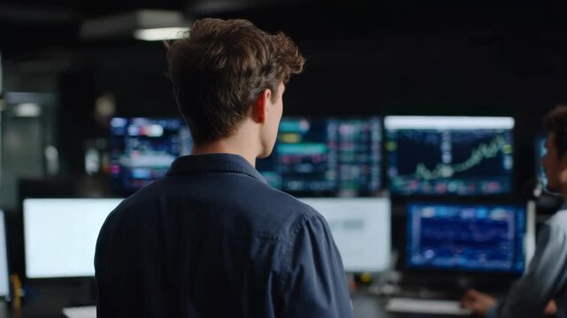 Trader analyzing financial market data on multiple computer screens