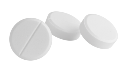 Three white round pills are shown with one pill having a score line on a white background png with transparency