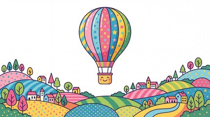 Cute Colorful Vector Hot Air Balloon Over Landscape on White Background - Adventure Travel