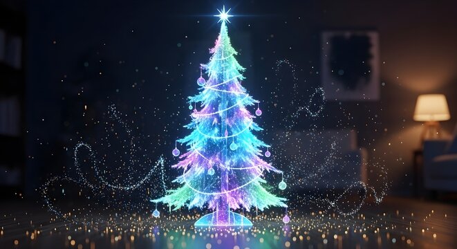 Vibrant glowing christmas tree with swirling particles in a room setting - Powered by Adobe