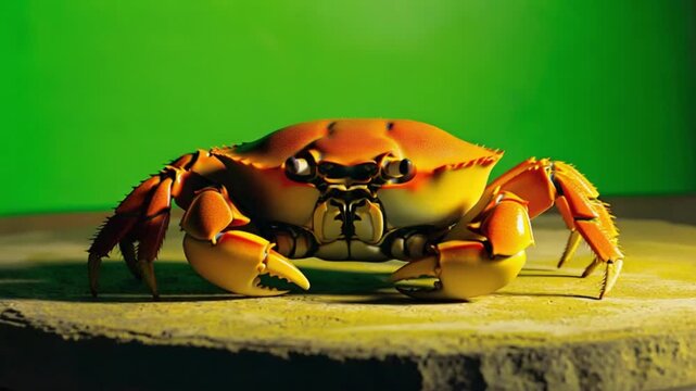 Close up shot of a crab with large claws on a textured surface against a green background crab green screen video