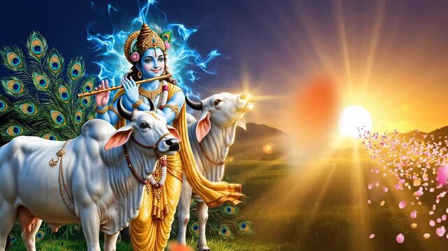 Krishna with Sacred Cow Banner Showing Youthful Lord Holding Flute with Gentle Divine Glow