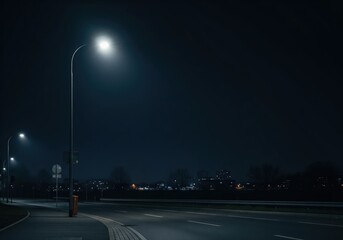 Quiet Empty Road Under Night Streetlights with Copy Space