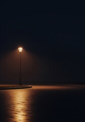 Street lamp illuminating curved pavement at night. Night composition with copy space