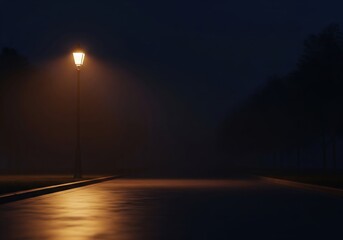 Warm Streetlight on Foggy Empty Road at Night with Copy Space