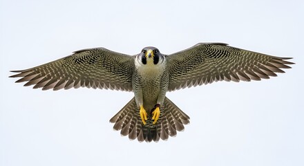Majestic peregrine falcon soars with wings spread wide against a bright sky, showcasing its powerful flight and striking beauty in nature's freedom