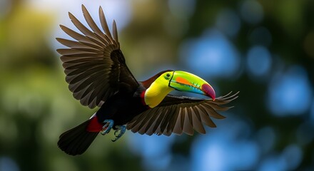 Stunning toucan flying gracefully with vibrant colors against a blurred green and blue background, perfect for tropical nature projects and wildlife campaigns