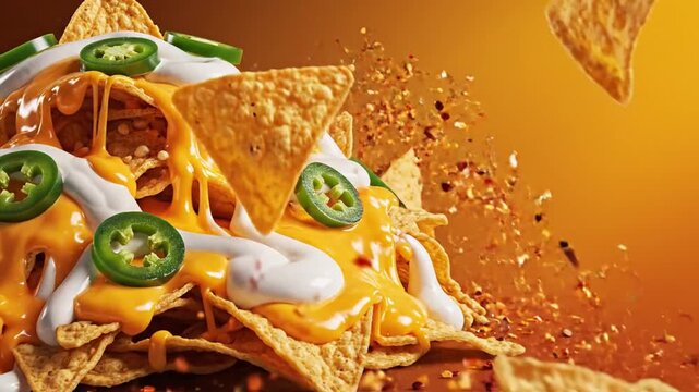 loaded nachos with melted cheese, jalape&ntilde;os, sour cream swirl, nacho chips falling in slow motion, spicy seasoning particles floating