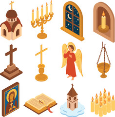 Christian religious icons and symbols isometric illustration