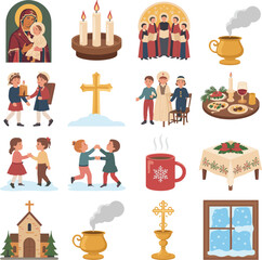 Religious and winter holiday illustrations with children and food