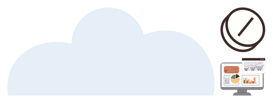 Large cloud shape, computer with analytics charts, clock icon for time management. Ideal for cloud technology, data storage, teamwork, time management, productivity, digital tools simple flat