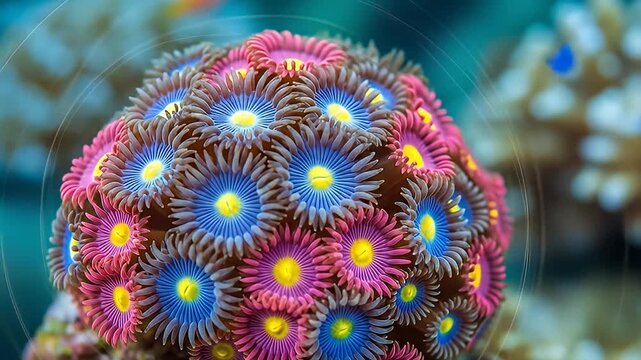 Vivid close-up of colorful zoanthid coral polyps in an aquarium with soft, blurred background