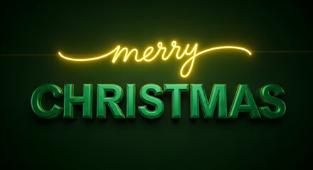 Merry christmas" neon script and 3d green text illustration on a festive backdrop, perfect for holiday greetings and promotions.