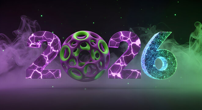 Futuristic 2026 year text design with vibrant purple and green glowing fractal numbers and abstract sphere, digital concept