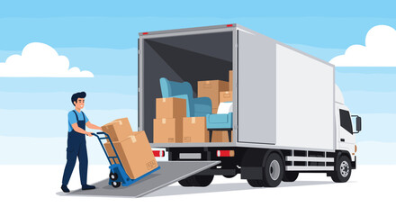 Mover wearing a uniform uses a hand truck to load cardboard boxes into the back of a large moving truck filled with furniture. Relocation and delivery service vector illustration.