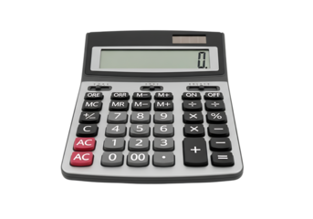 Modern solar-powered desk calculator showing zero on its digital display for financial computations
