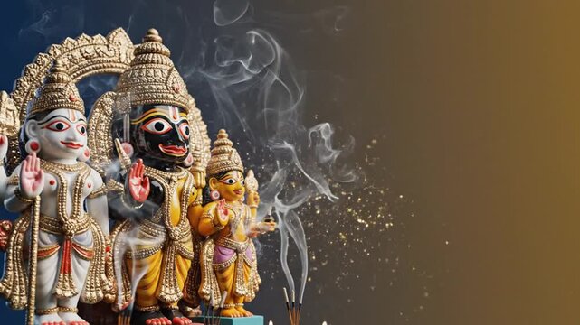 Lord Jagannath, Subhadra idols shimmering under soft temple light, incense smoke drifting upward