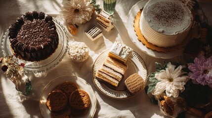 Flat-lay composition of cakes, cookies, and sweet treats placed in an aesthetically balanced layout, illuminated by warm daylight creating gentle highlights and inviting tones