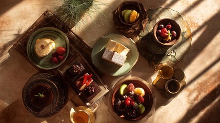 Top-down view of assorted desserts arranged neatly on a textured surface with warm natural light casting soft shadows, highlighting pastries, fruits, and subtle decorative elements for a cozy