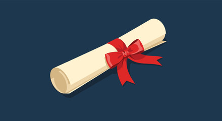 Rolled paper scroll, representing a diploma or certificate, tied with a decorative red ribbon and bow, on a dark blue background. Graduation and achievement vector icon.