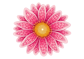 Vibrant pink illustrative flower with intricate petal texture and bright yellow center element