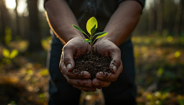 Nurturing a tiny green seedling cradled gently in dirty hands symbolizes hope and sustainable growth in a sunlit forest setting
