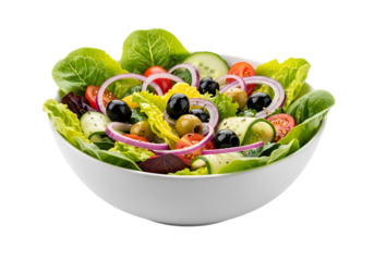 Vibrant and fresh mixed green salad with crisp lettuce, cucumber, red onion, tomatoes, and olives
