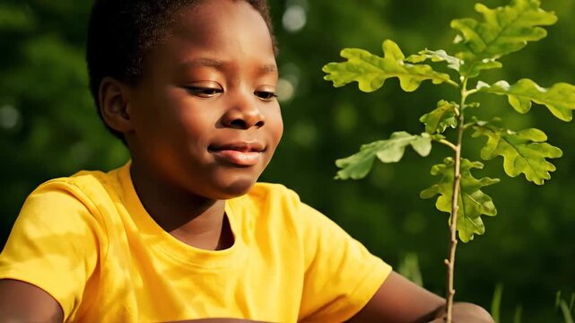 African child planting new tree sapling, focused on environmental sustainability.