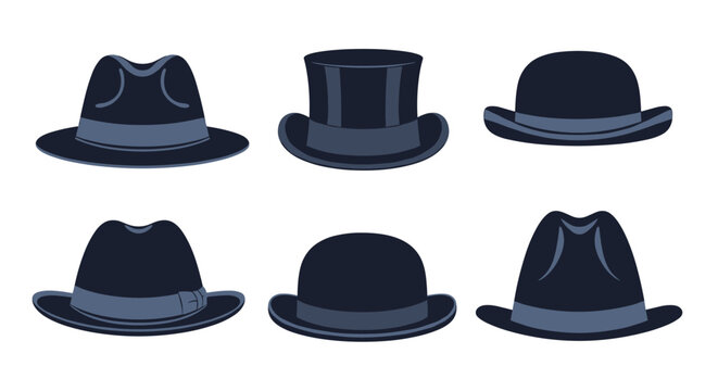 Set of six classic men's hats in a dark gray and blue color scheme, including fedora, top hat, and bowler hat styles. Vintage gentleman's headwear vector collection.