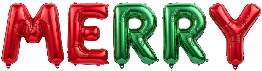 Letter red and green balloons lined up to form the word merry.