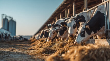 Dairy Cows Feed on Hay in Modern Cowsheds at a Commercial Farm During Daylight Hours