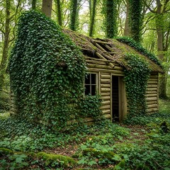 Overgrown Abandoned Cabin in the Woods with Ivy.