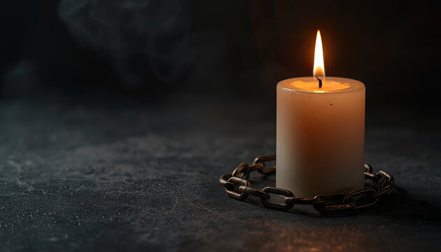 Solemn burning pillar candle with rustic chain detail casting warm light on dark textured surface with fading smoke